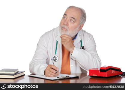 Pensive family doctor in the oficce isolated on white background