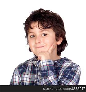 Pensive funny child isolated on a white background