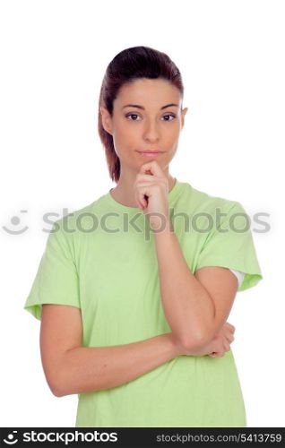 Pensive girl isolated on a white backgronund