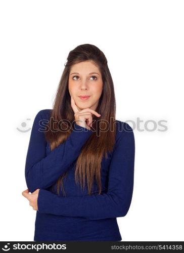Pensive girl smiling isolated on a white background