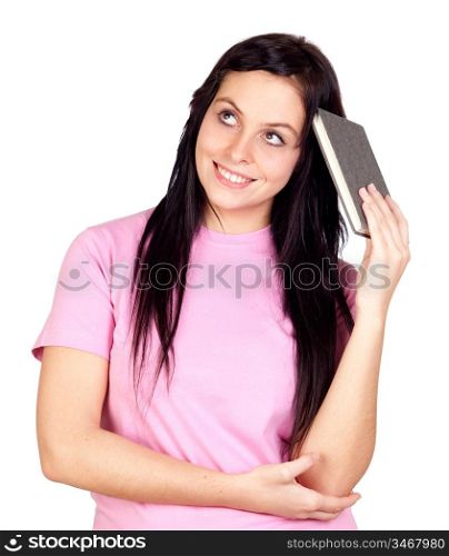 Pensive girl with a book isolated on a over white background