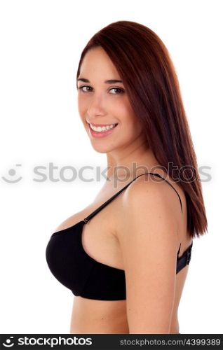 Pensive girl with black bra isolated on a white background