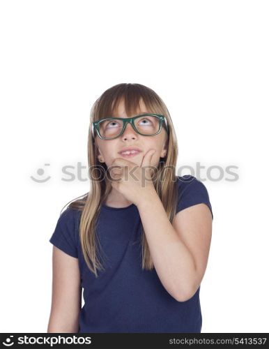 Pensive girl with blond hair and glasses isolated on white background