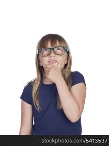 Pensive girl with blond hair and glasses isolated on white background