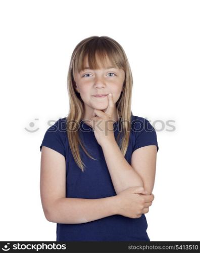 Pensive girl with blond hair isolated on white background