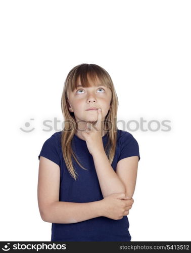 Pensive girl with blond hair isolated on white background