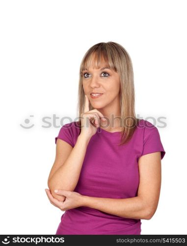 Pensive girl with blond hair isolated on white background