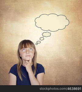 Pensive girl with blond hair on a over yellow background