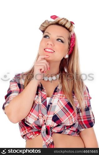 Pensive girl with blue eyes in pinup style looking at up isolated on a white background