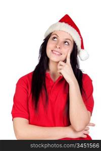 Pensive girl with Christmas hat isolated on a over white background