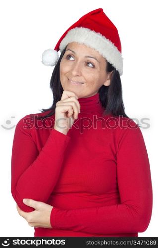 Pensive girl with Christmas hat on a over white background