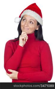 Pensive girl with Christmas hat on a over white background
