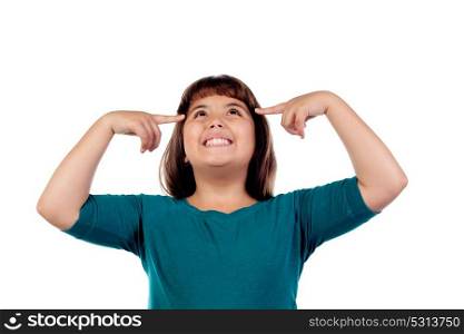 Pensive girl with eleven years old looking up isolated on a white background