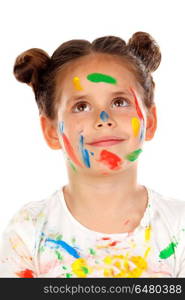 Pensive girl with hands and face full of paint isolated on a whi. Pensive girl with hands and face full of paint