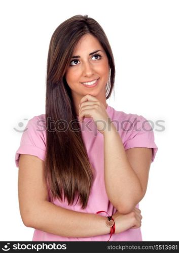 Pensive girl with long hair isolated on white background