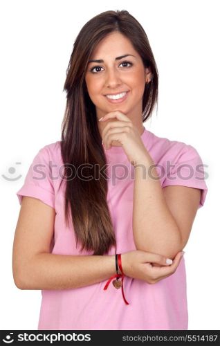 Pensive girl with long hair isolated on white background