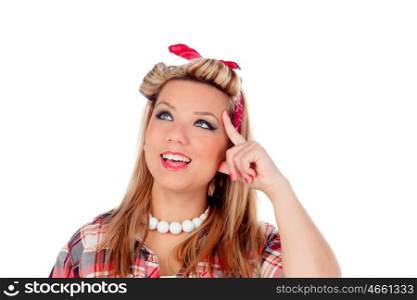 Pensive girl with pretty smile in pinup style isolated on a white background