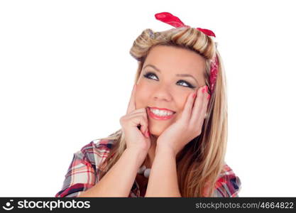 Pensive girl with pretty smile in pinup style isolated on a white background