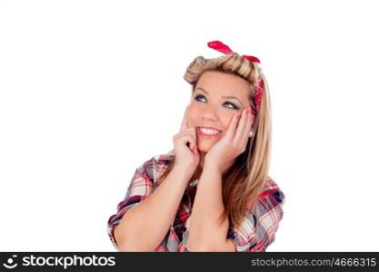 Pensive girl with pretty smile in pinup style isolated on a white background