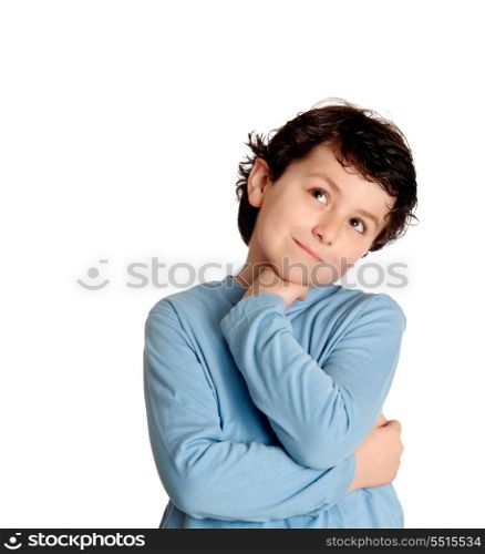 Pensive happy boy isolated on a white background