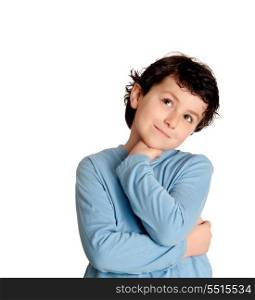 Pensive happy boy isolated on a white background