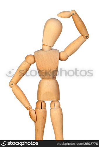 Pensive jointed wooden mannequin isolated on white background
