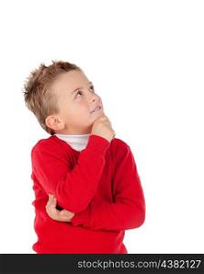 Pensive kid with red jersey isolated on a white background