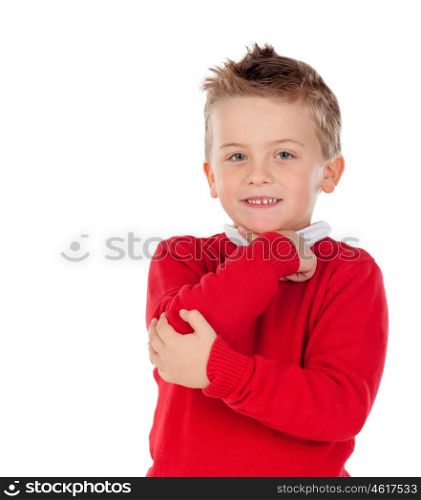 Pensive kid with red jersey isolated on a white background