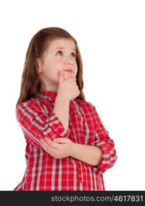 Pensive little girl with red plaid shirt isolated on a white background
