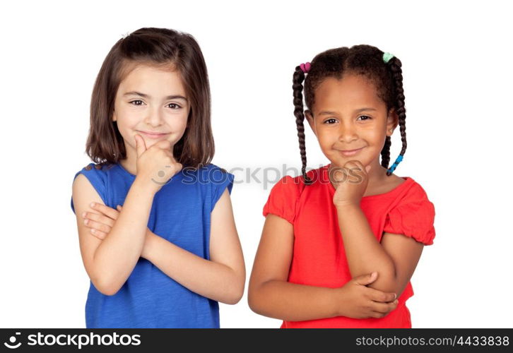 Pensive little girls thinking isolated on a white background