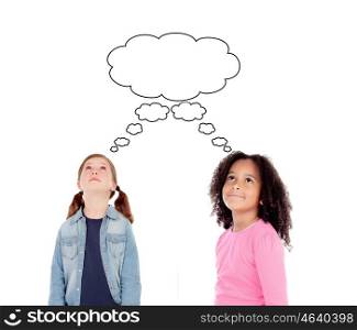 Pensive little girls thinking isolated on a white background
