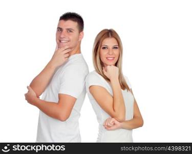 Pensive loving couple isolated on a white background
