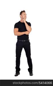 Pensive man black dress isolated on white background