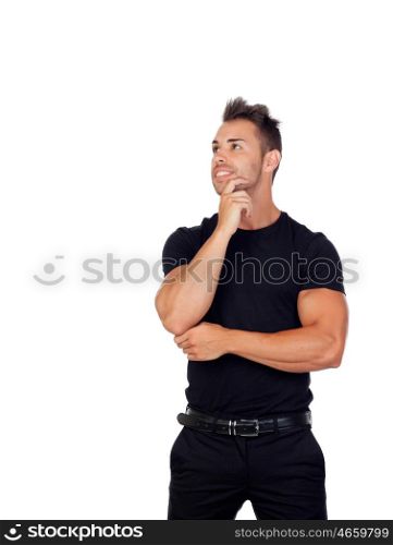 Pensive man in black isolated on a white background