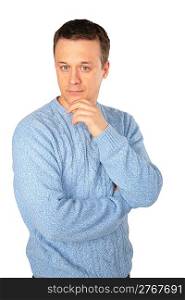 pensive man in blue sweater