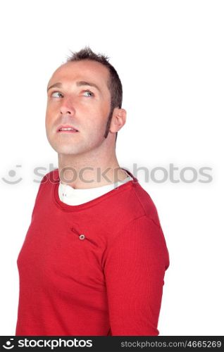 Pensive man smiling isolated on white background