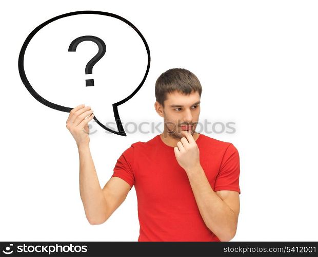 pensive man with question mark in text bubble