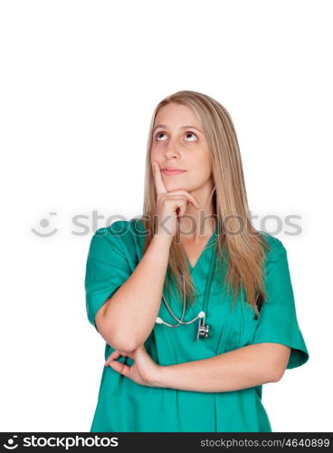 Pensive medical girl isolated on a white background
