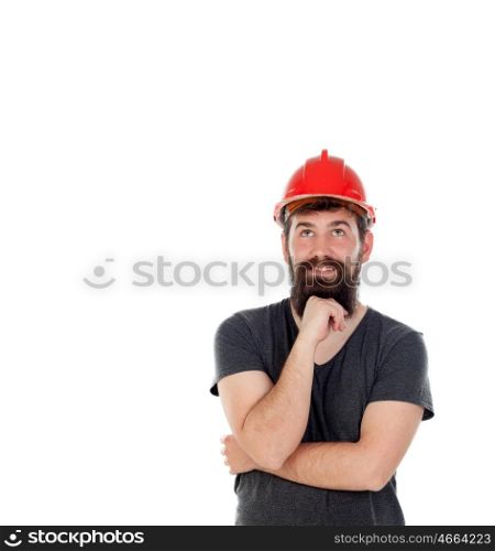 Pensive men with hipster look and red helmet isolated on white background