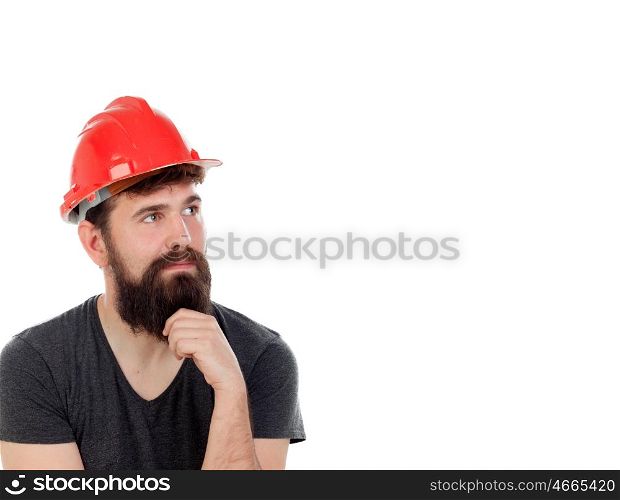 Pensive men with hipster look and red helmet isolated on white background