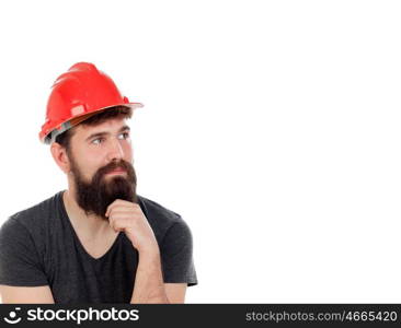 Pensive men with hipster look and red helmet isolated on white background