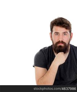 Pensive men with long beard isolated on white background