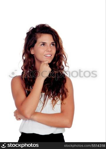 Pensive natural girl with curly hair isolated on a white background
