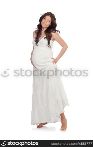 Pensive pregnant woman isolated on a white background