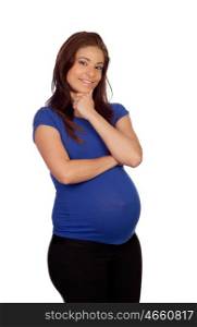 Pensive pregnant woman with blue t-shirt isolated on a white background