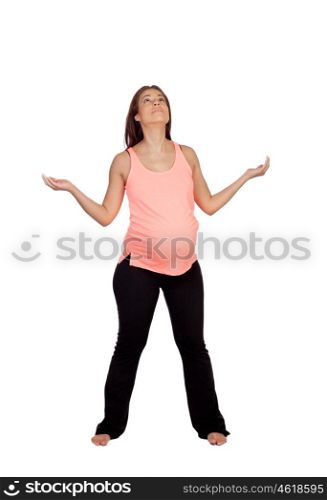 Pensive prengnant woman with outstretched arms looking up isolated on a white background