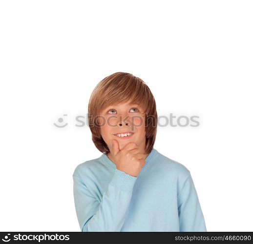 Pensive preteen boy isolated on a over white background