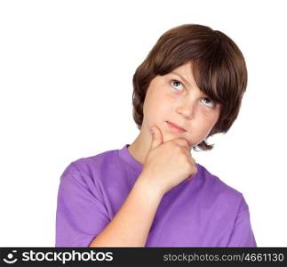 Pensive preteen boy isolated on a white background