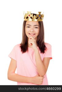 Pensive preteen girl with a crown isolated on a white background