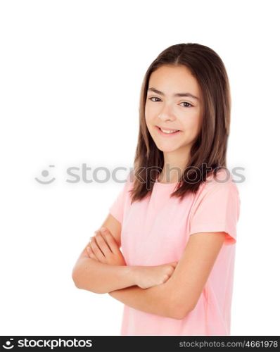 Pensive pretty preteenager girl with glasses pink t-shirt isolated on a white background